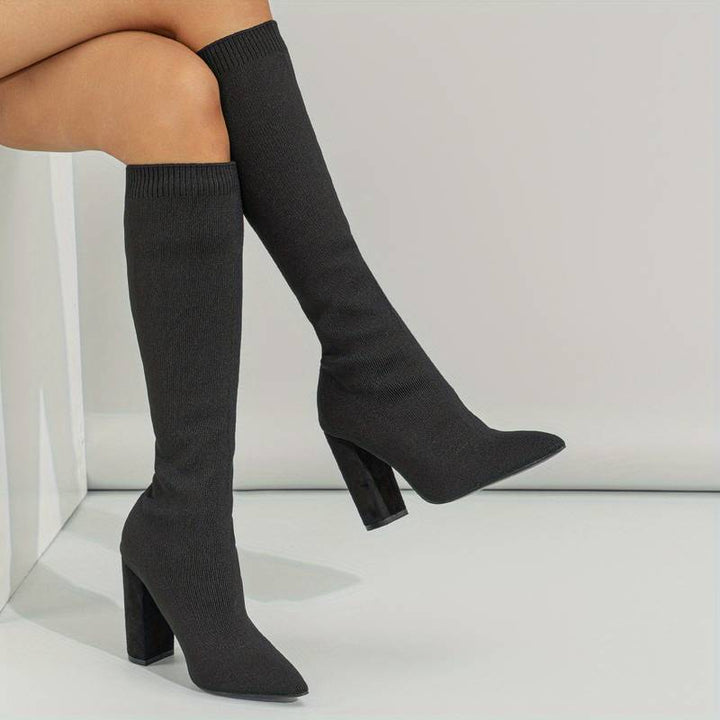 Women’s Black Knit Knee-High Sock Boots – High-Heeled Winter Stretch Boots for Elegant Outfits