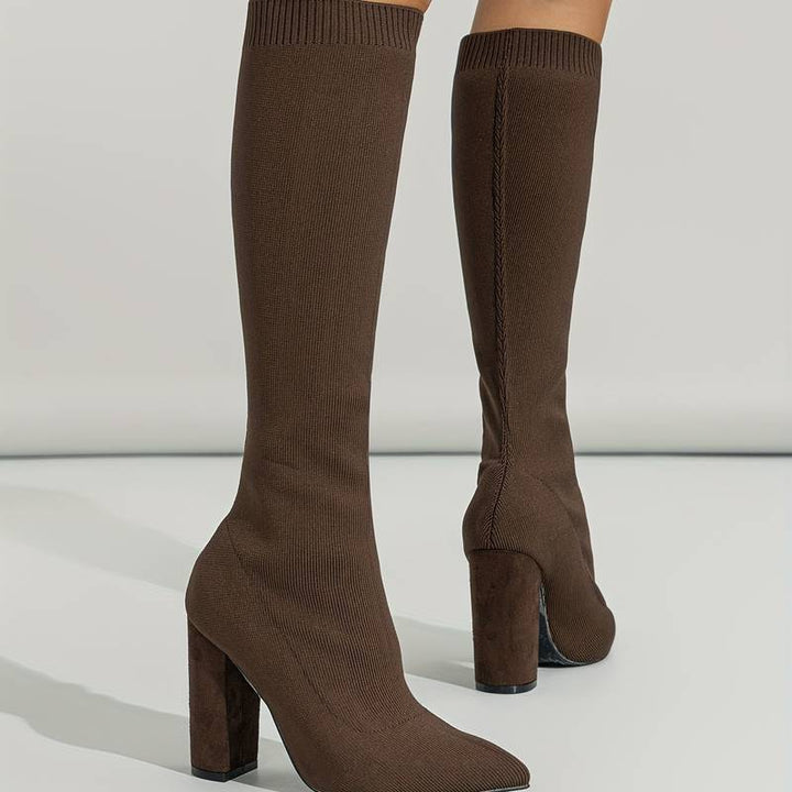 Women’s Black Knit Knee-High Sock Boots – High-Heeled Winter Stretch Boots for Elegant Outfits