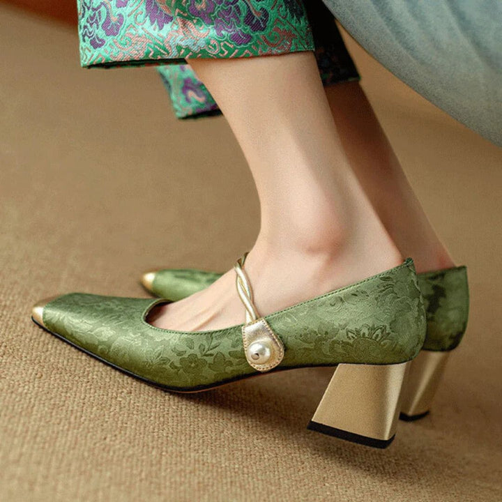 Nancy | Women’s Gold Square Toe Pearl Strap Heels