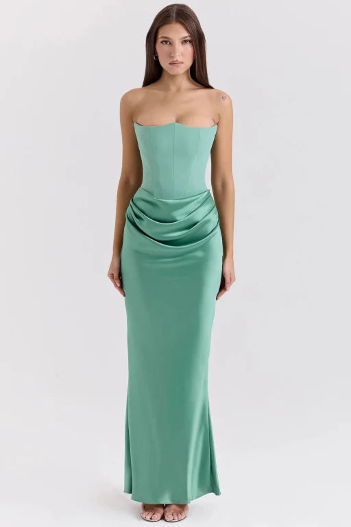 Strapless Satin Corset Maxi Dress – Elegant  Wedding Guest Gown