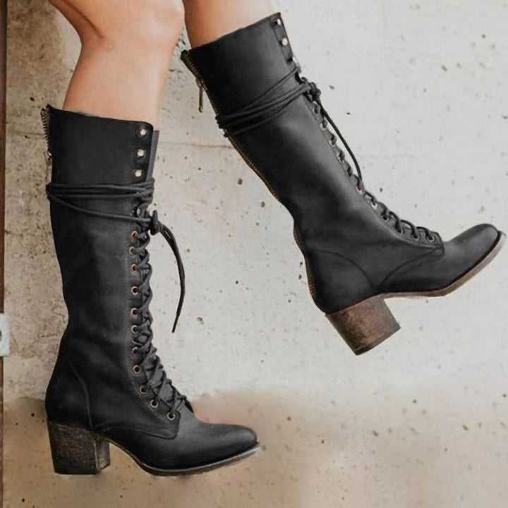 Women's Knee High Lace Up Boots with Block Heel
