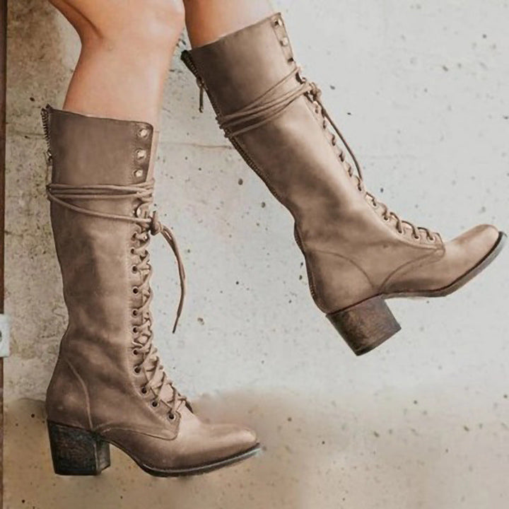 Women's Knee High Lace Up Boots with Block Heel