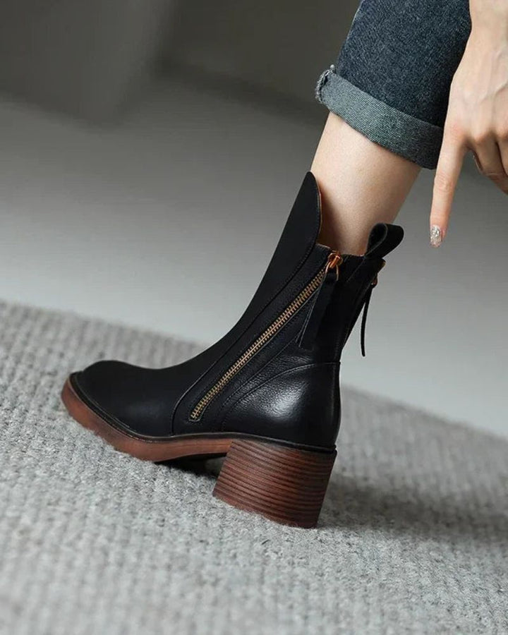 Women’s Leather Ankle Boots with Side Zip and Block Heel