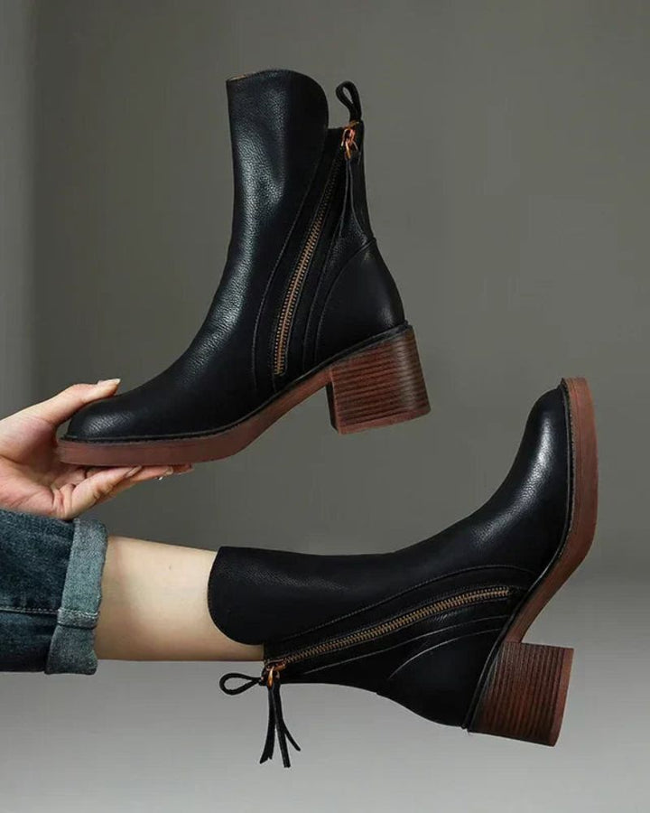 Women’s Leather Ankle Boots with Side Zip and Block Heel