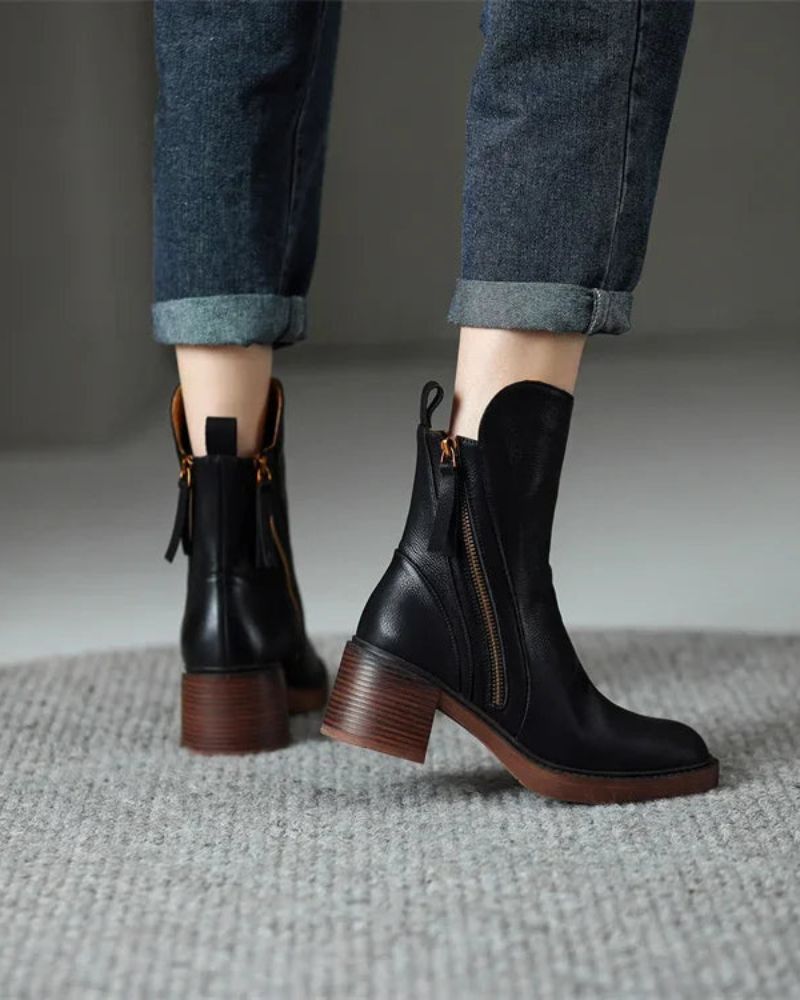 Women’s Leather Ankle Boots with Side Zip and Block Heel