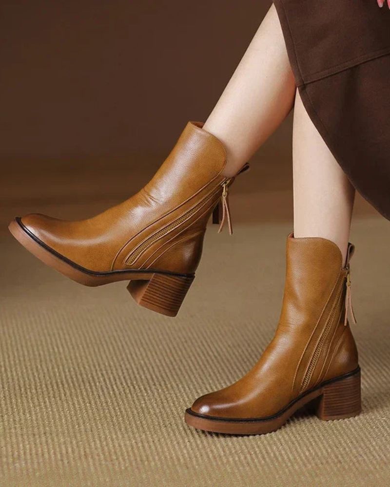 Women’s Leather Ankle Boots with Side Zip and Block Heel