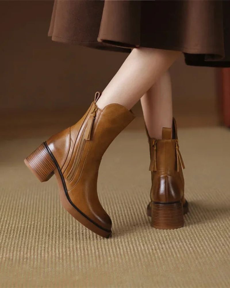 Women’s Leather Ankle Boots with Side Zip and Block Heel