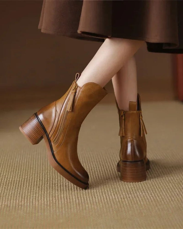 Women’s Leather Ankle Boots with Side Zip and Block Heel