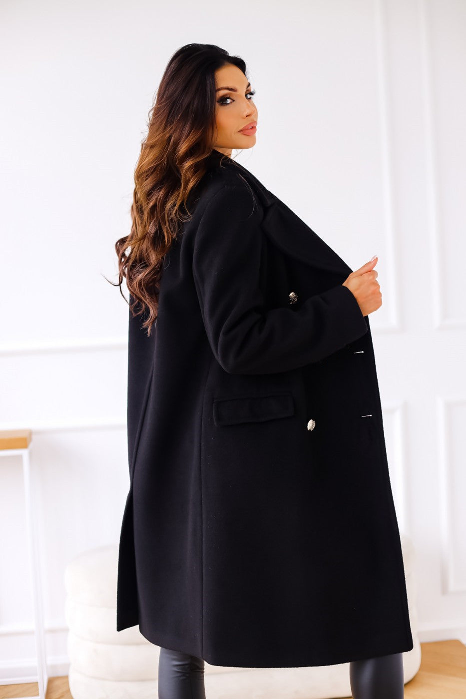 Women's Double-Breasted Long Coat with Gold Button Accents