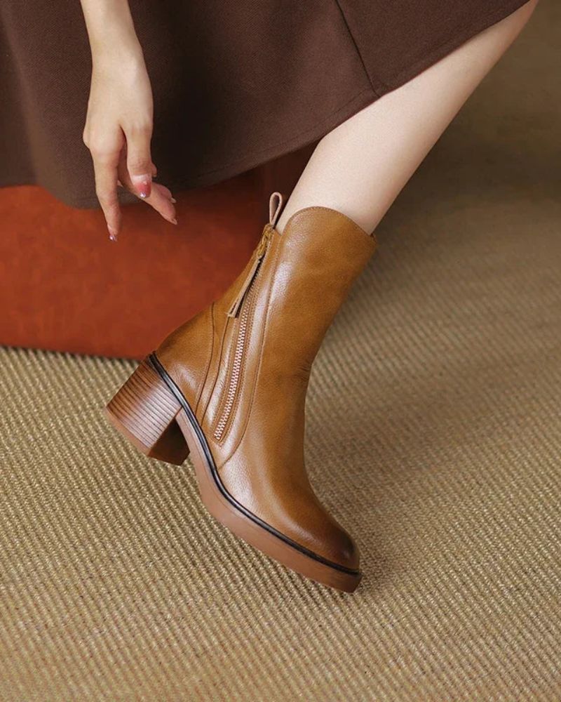 Women’s Leather Ankle Boots with Side Zip and Block Heel