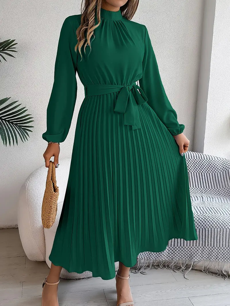 Ella | Women’s Pleated Belted Long Sleeve Dress