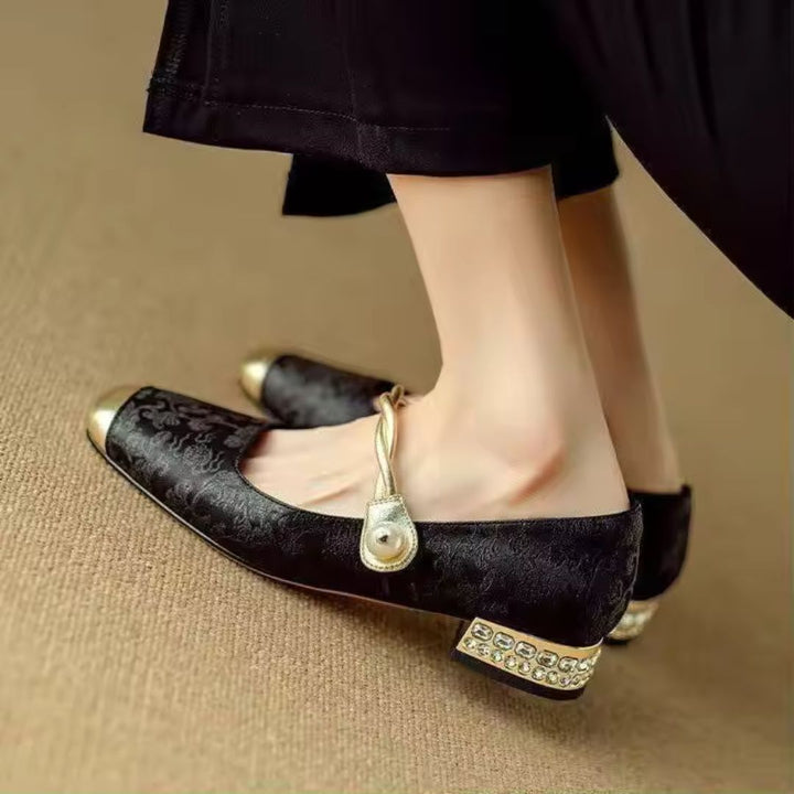 Nancy | Women’s Gold Square Toe Pearl Strap Heels