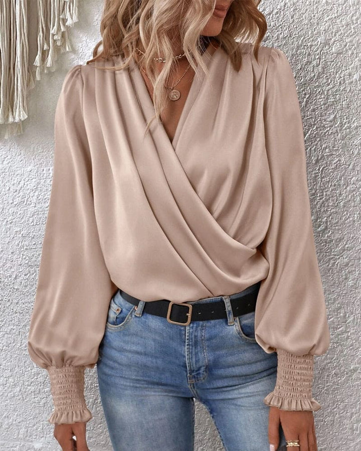 Women’s Satin V-Neck Wrap Blouse – Soft Drape Silhouette