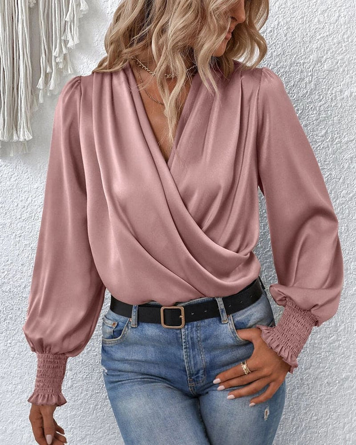 Women’s Satin V-Neck Wrap Blouse – Soft Drape Silhouette
