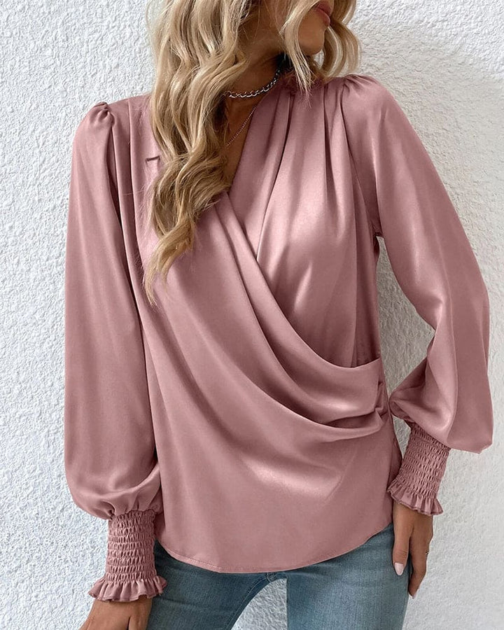Women’s Satin V-Neck Wrap Blouse – Soft Drape Silhouette