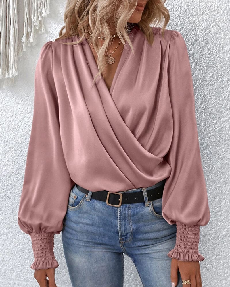 Women’s Satin V-Neck Wrap Blouse – Soft Drape Silhouette