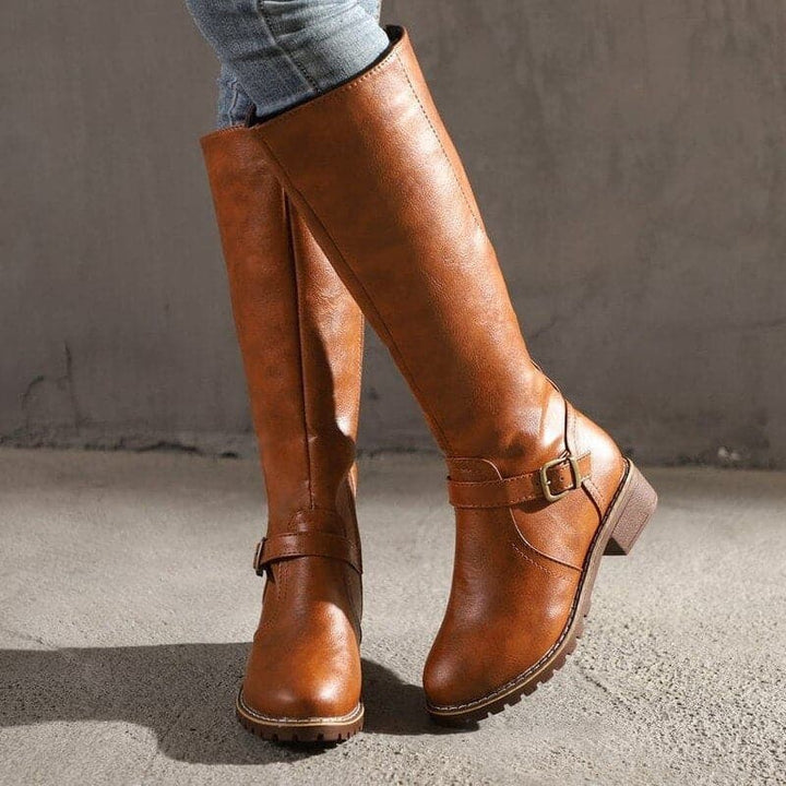 Women’s Leather Knee High Winter Boots – Warm Flat Buckle Riding Style Boots