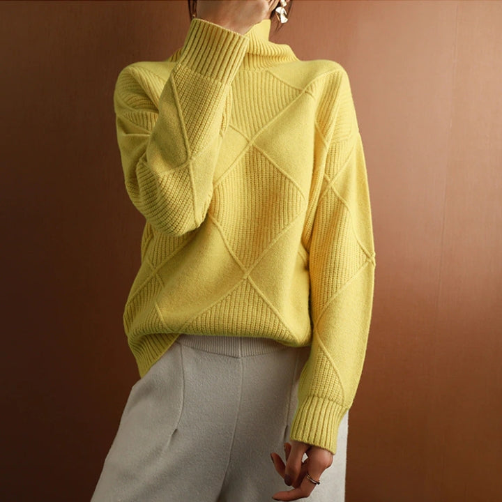 Women’s Loose Fit High Neck Knit Jumper – Textured Diamond Rib Sweater