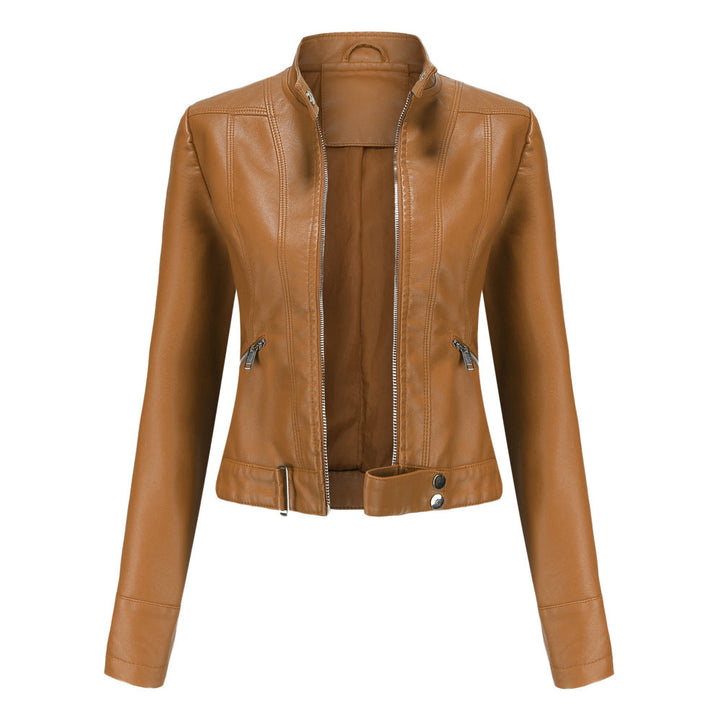 Women's Leather Jacket with Zip Closure High Collar and Belt