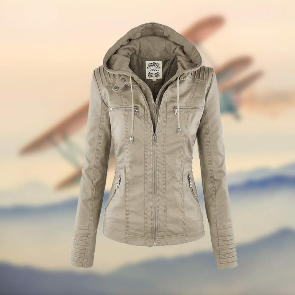 Women's Winter Leather Look Jacket with Hood Warm Casual Biker Style