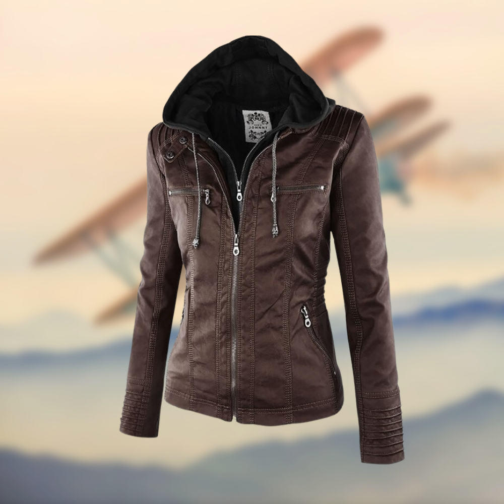 Women's Winter Leather Look Jacket with Hood Warm Casual Biker Style