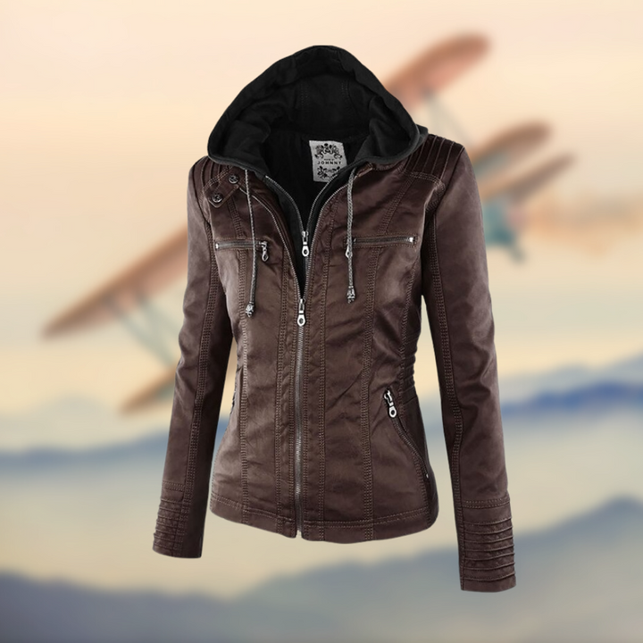 Women's Winter Leather Look Jacket with Hood Warm Casual Biker Style