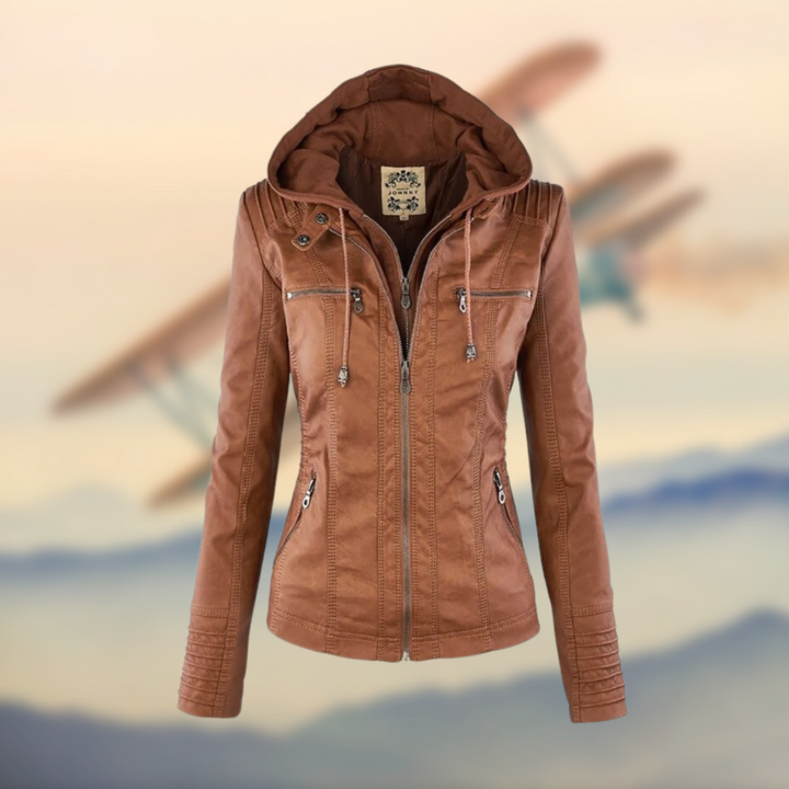 Women's Winter Leather Look Jacket with Hood Warm Casual Biker Style