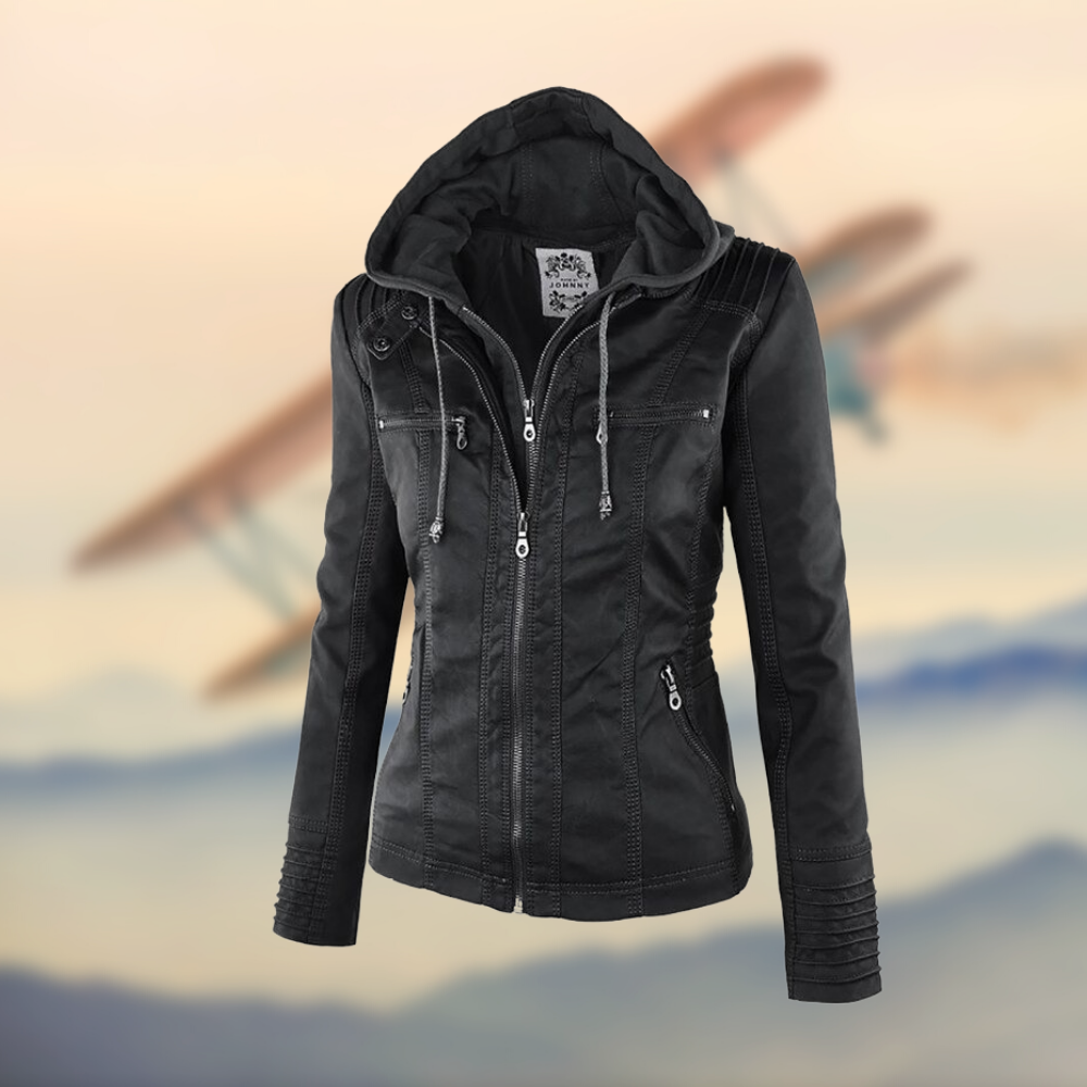 Women's Winter Leather Look Jacket with Hood Warm Casual Biker Style