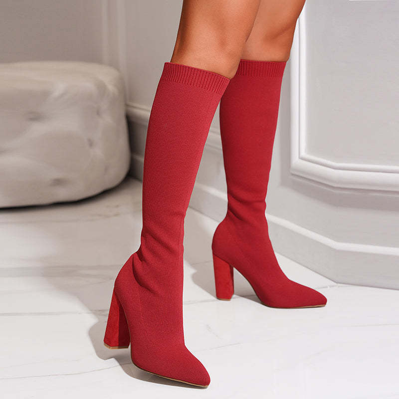 Women’s Black Knit Knee-High Sock Boots – High-Heeled Winter Stretch Boots for Elegant Outfits