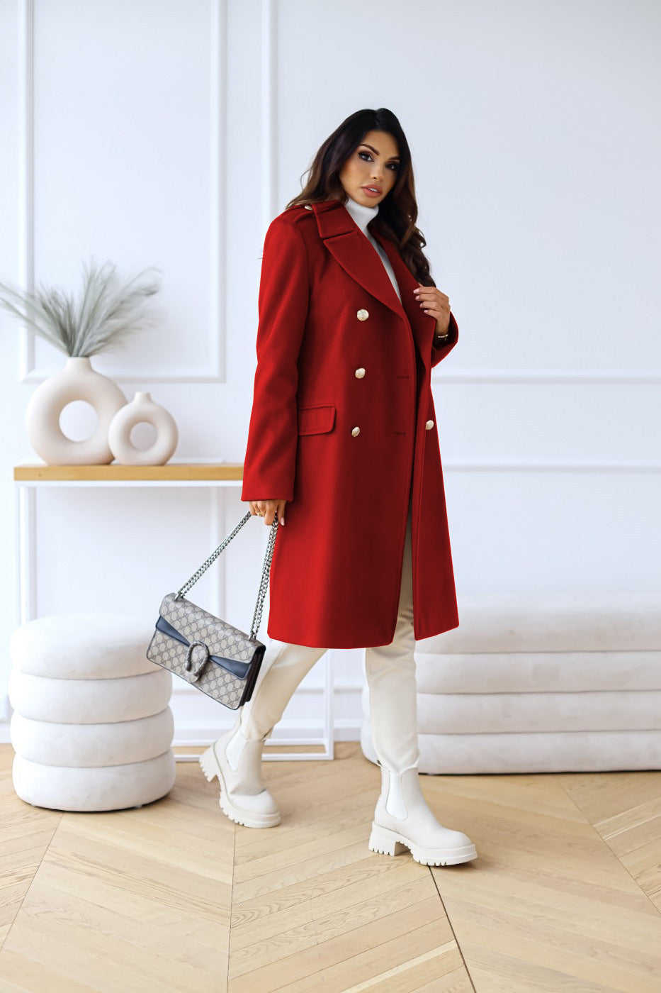 Women's Double-Breasted Long Coat with Gold Button Accents