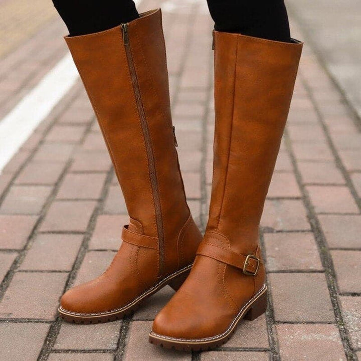 Women’s Leather Knee High Winter Boots – Warm Flat Buckle Riding Style Boots