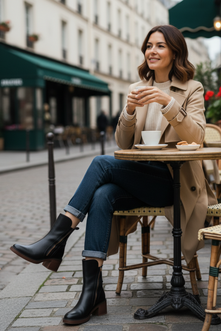 Women’s Leather Ankle Boots with Side Zip and Block Heel