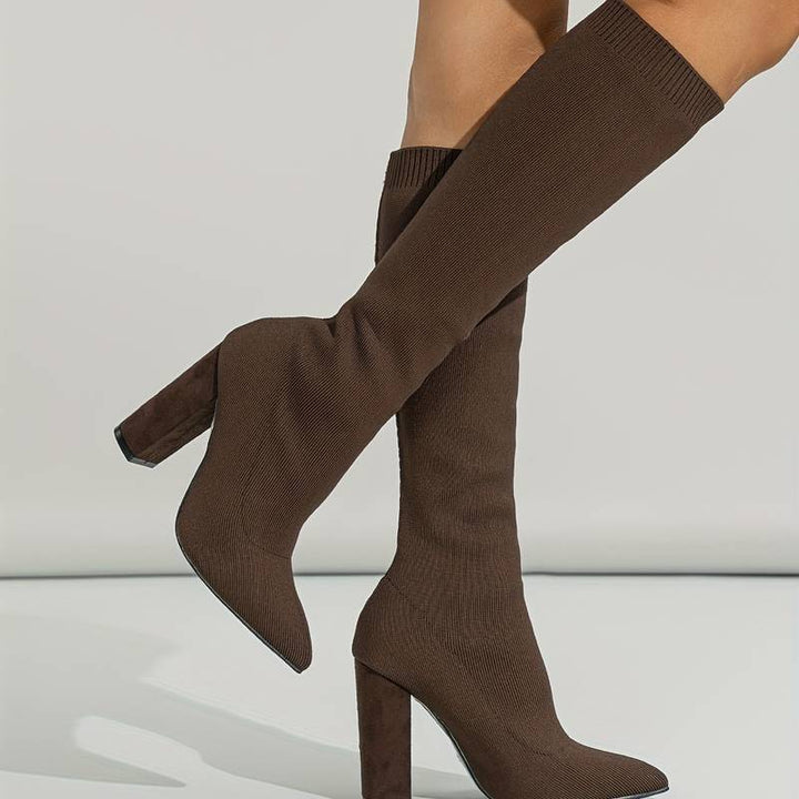 Women’s Black Knit Knee-High Sock Boots – High-Heeled Winter Stretch Boots for Elegant Outfits
