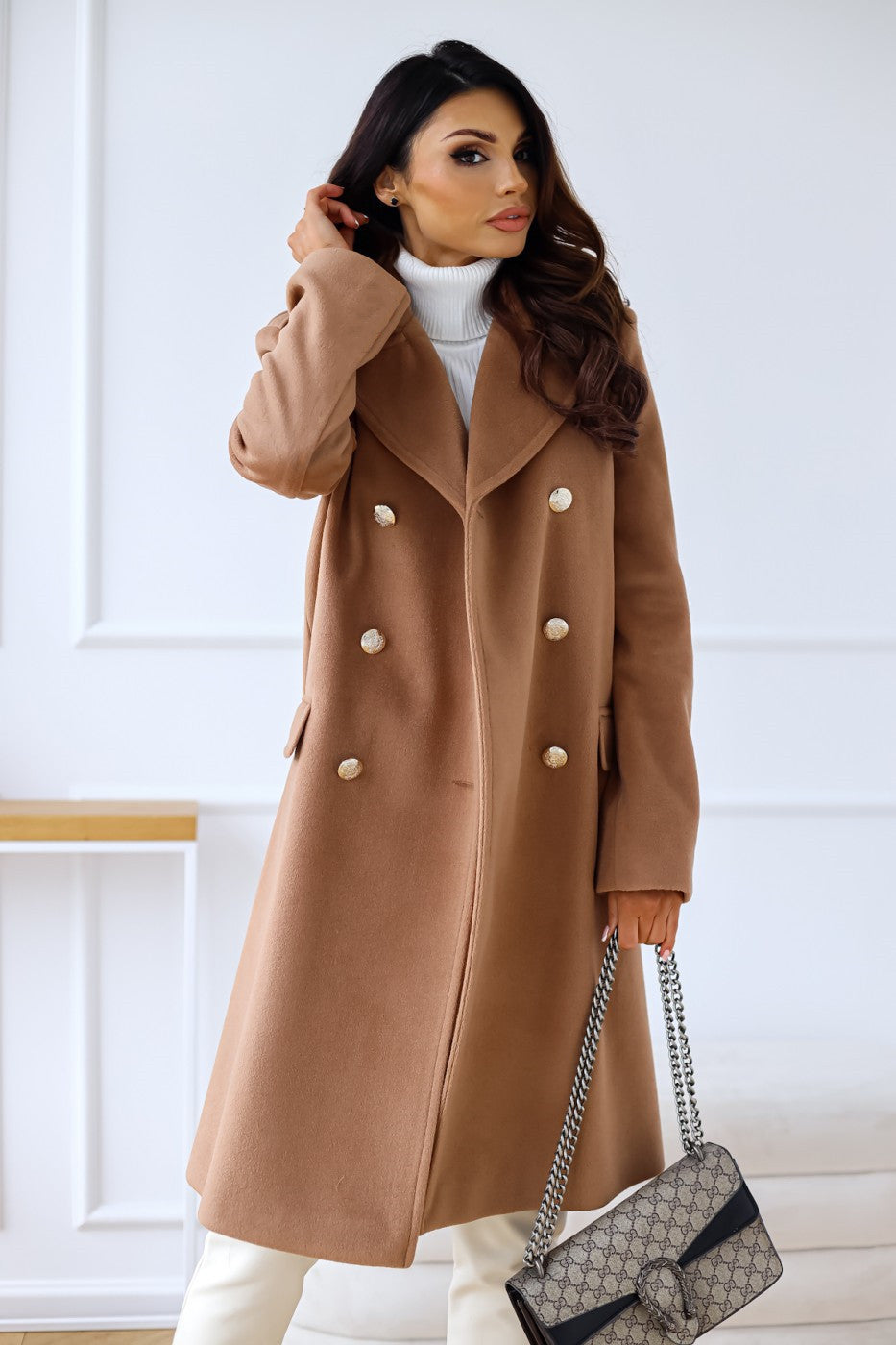 Women's Double-Breasted Long Coat with Gold Button Accents