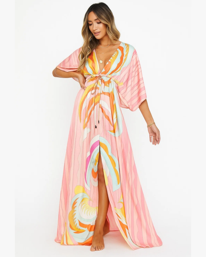 Colourful V-Neck Maxi Dress with Slit for Women