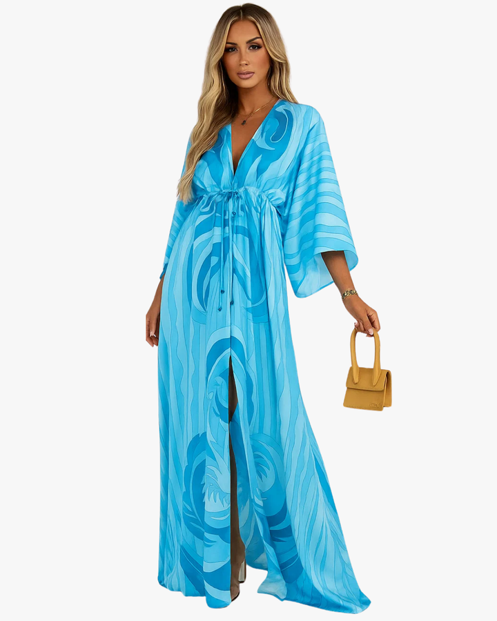 Colourful V-Neck Maxi Dress with Slit for Women