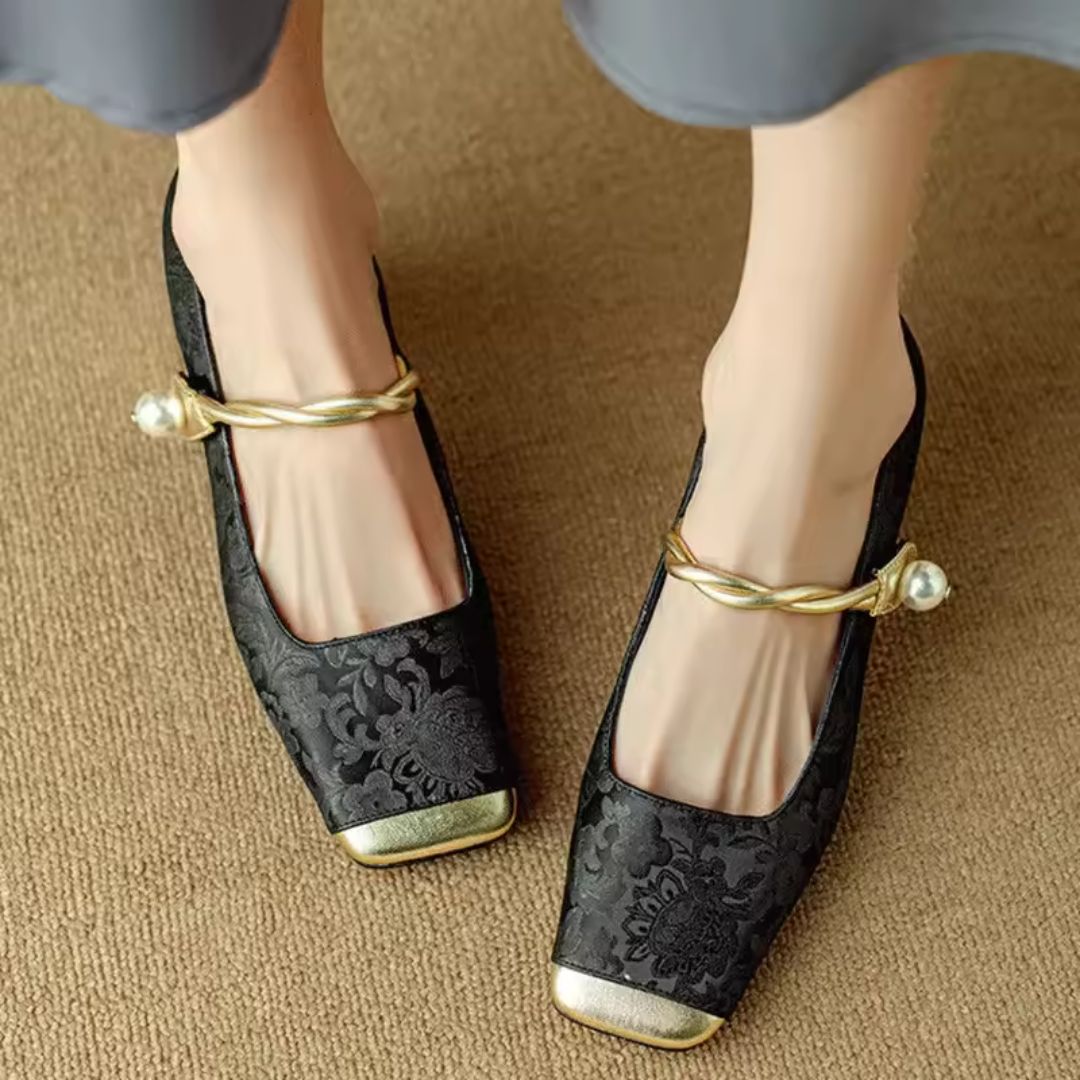 Nancy | Women’s Gold Square Toe Pearl Strap Heels