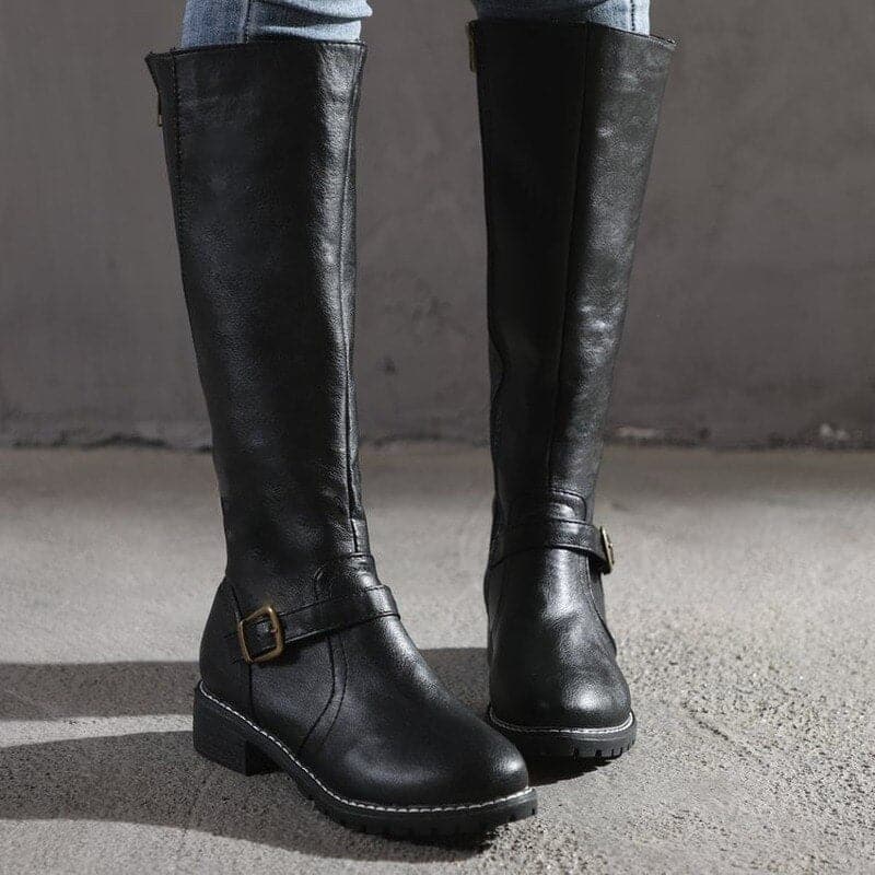 Women’s Leather Knee High Winter Boots – Warm Flat Buckle Riding Style Boots