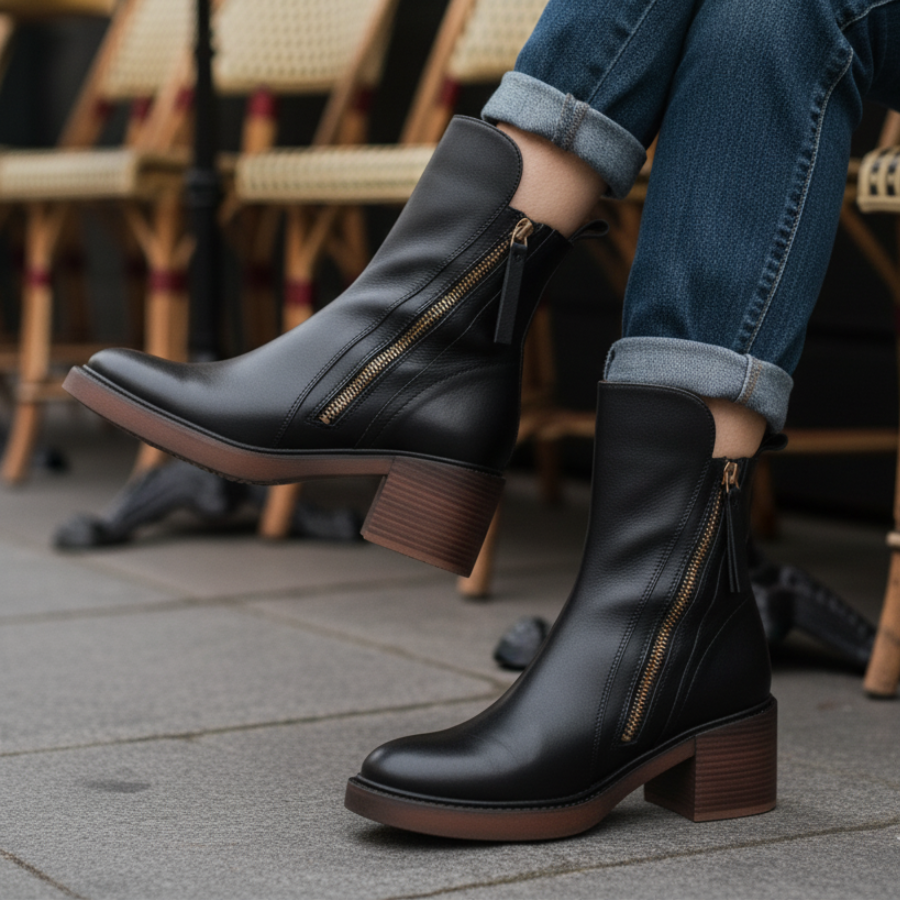 Women’s Leather Ankle Boots with Side Zip and Block Heel