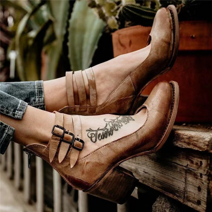 Women’s Vintage Ankle Boots with Buckle Straps & Block Heel