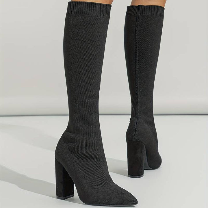 Women’s Black Knit Knee-High Sock Boots – High-Heeled Winter Stretch Boots for Elegant Outfits