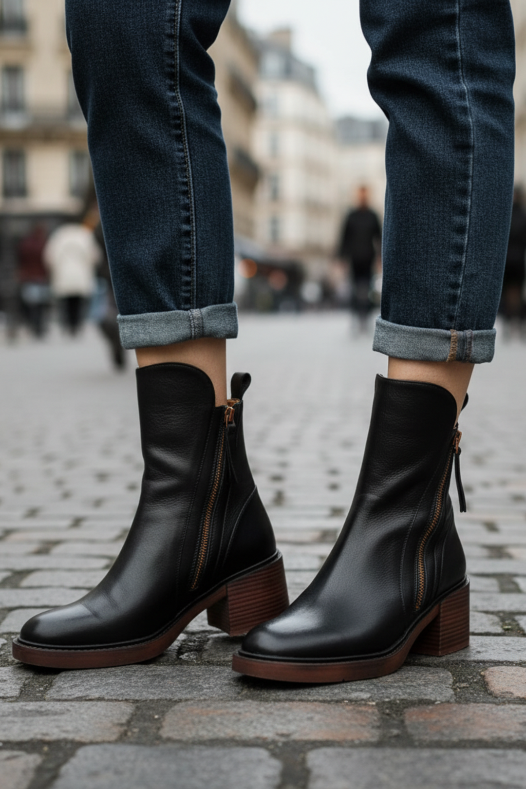 Women’s Leather Ankle Boots with Side Zip and Block Heel