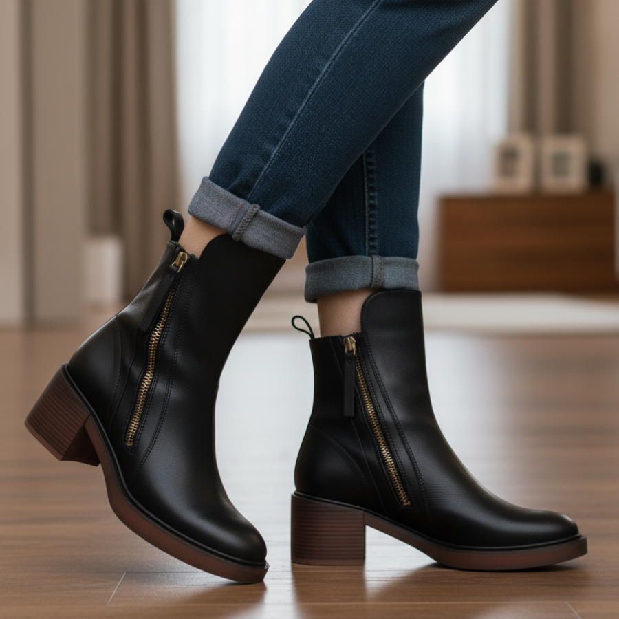 Women’s Leather Ankle Boots with Side Zip and Block Heel