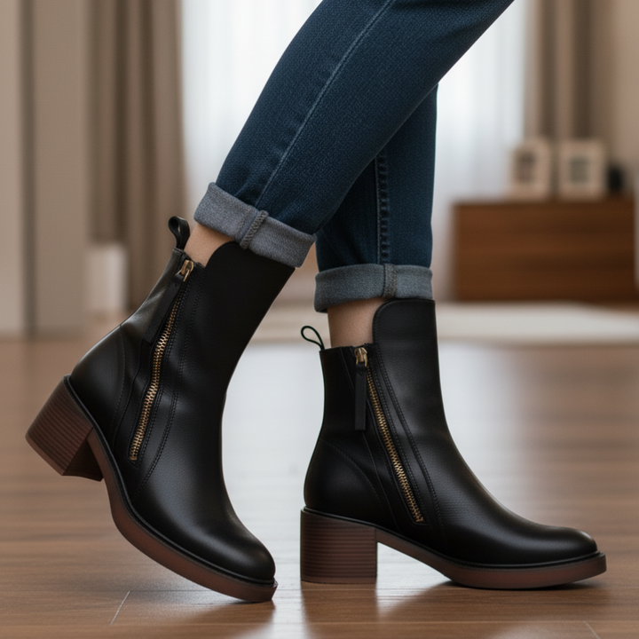 Women’s Leather Ankle Boots with Side Zip and Block Heel