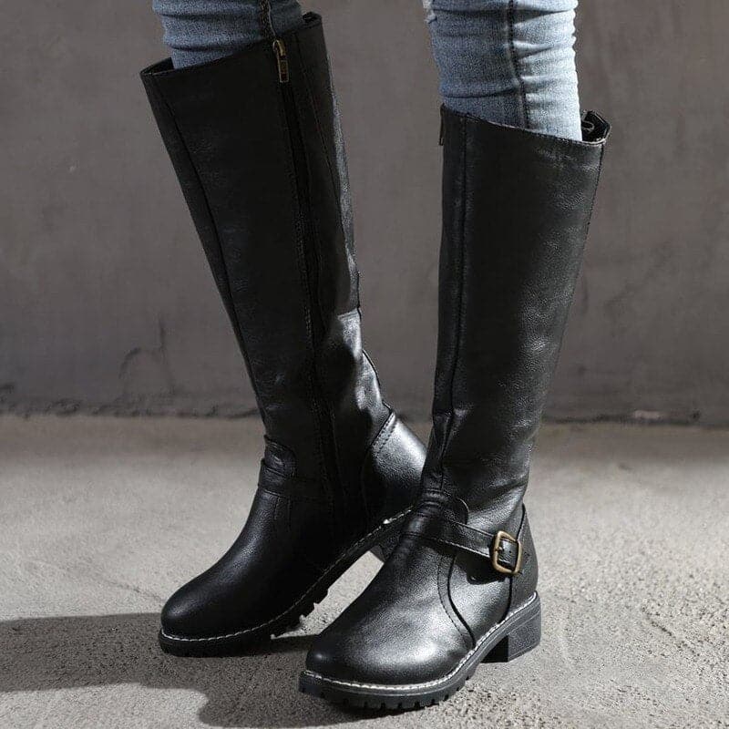 Women’s Leather Knee High Winter Boots – Warm Flat Buckle Riding Style Boots
