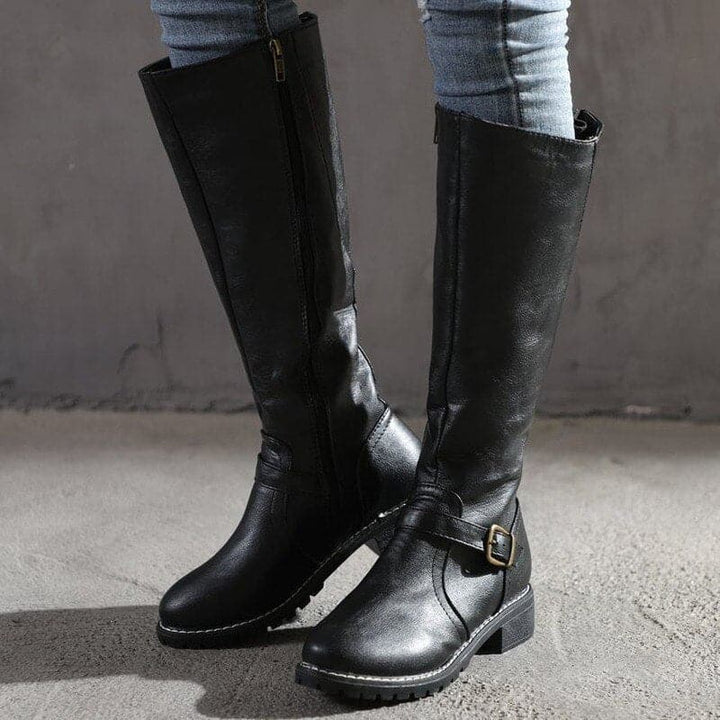 Women’s Leather Knee High Winter Boots – Warm Flat Buckle Riding Style Boots