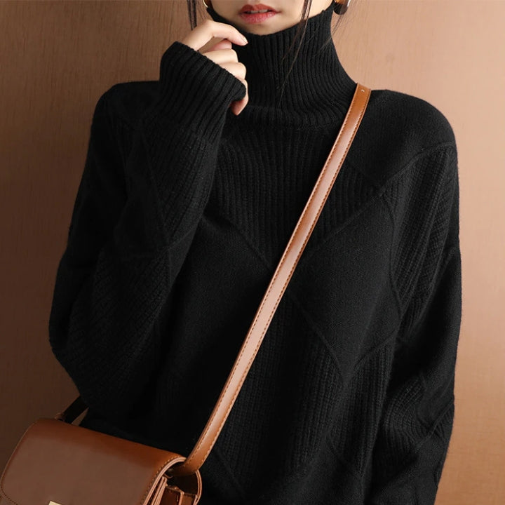 Women’s Loose Fit High Neck Knit Jumper – Textured Diamond Rib Sweater