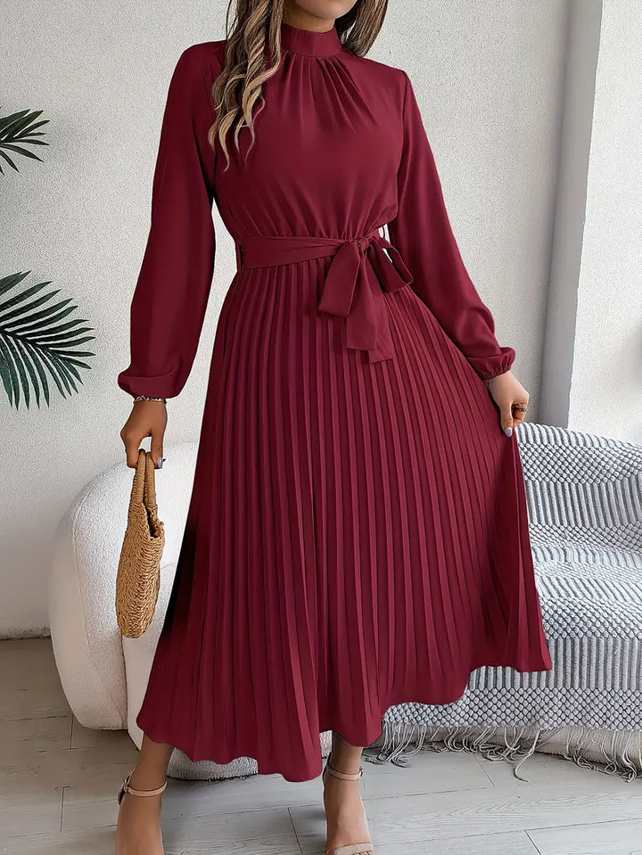Ella | Women’s Pleated Belted Long Sleeve Dress