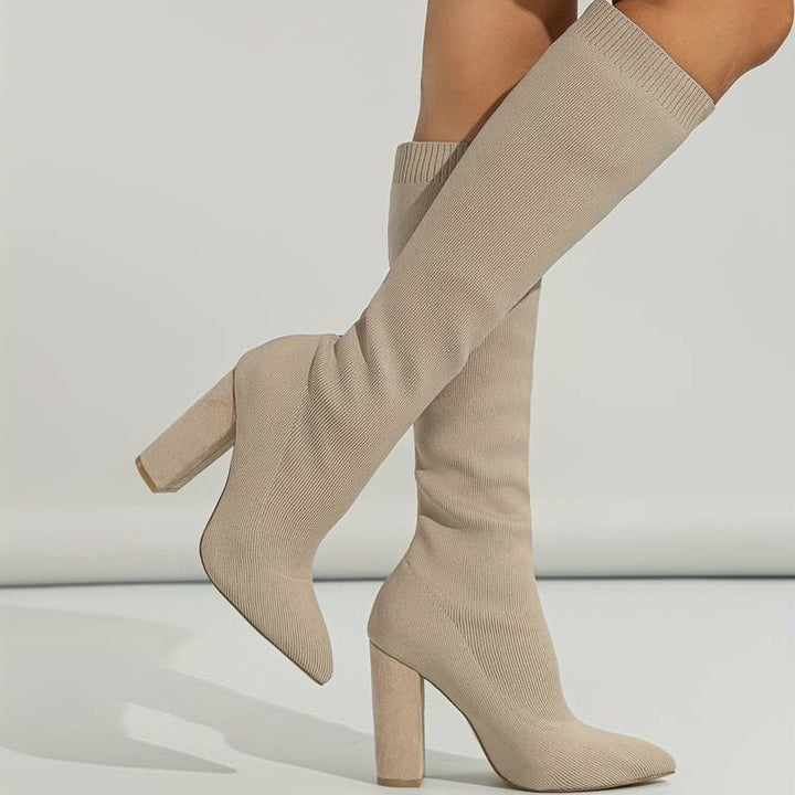 Women’s Black Knit Knee-High Sock Boots – High-Heeled Winter Stretch Boots for Elegant Outfits