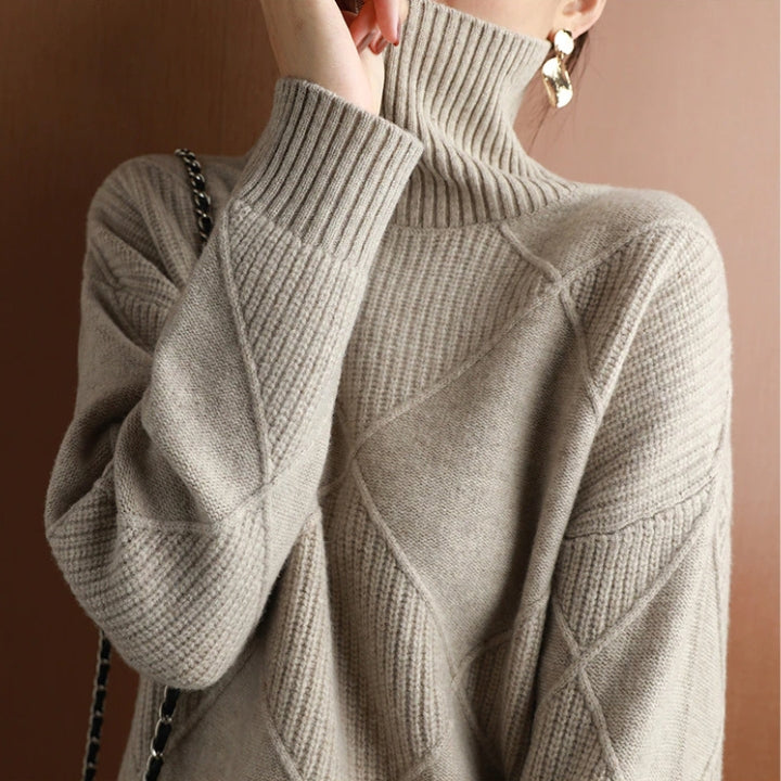Women’s Loose Fit High Neck Knit Jumper – Textured Diamond Rib Sweater